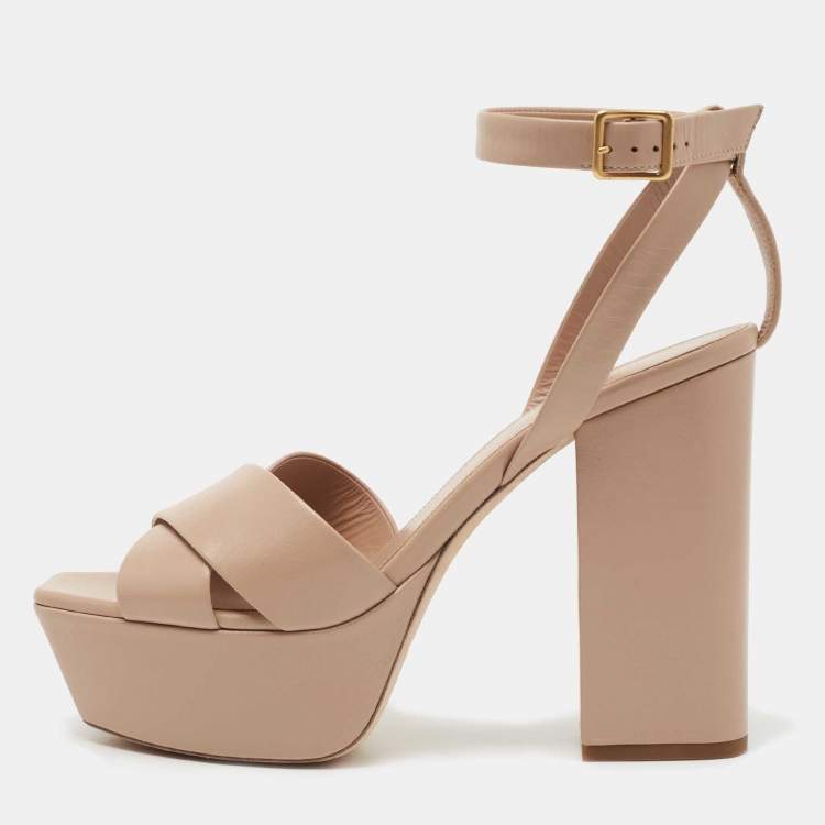 Pre Owned Saint Laurent Paris Beige Leather Farrah Platform Ankle Strap Sandals Size 38.5 