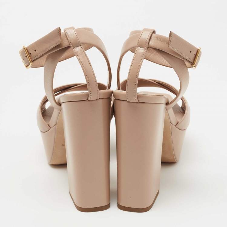 Pre Owned Saint Laurent Paris Beige Leather Farrah Platform Ankle Strap Sandals Size 38.5 