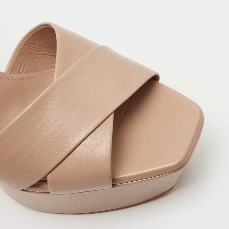 Pre Owned Saint Laurent Paris Beige Leather Farrah Platform Ankle Strap Sandals Size 38.5 