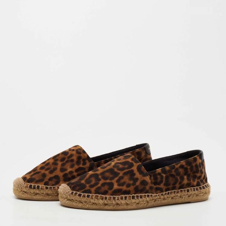 Pre Owned Saint Laurent Brown Suede Leopard Print Espadrille Flats Size 37.5