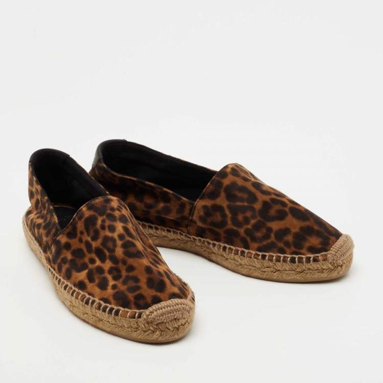 Pre Owned Saint Laurent Brown Suede Leopard Print Espadrille Flats Size 37.5