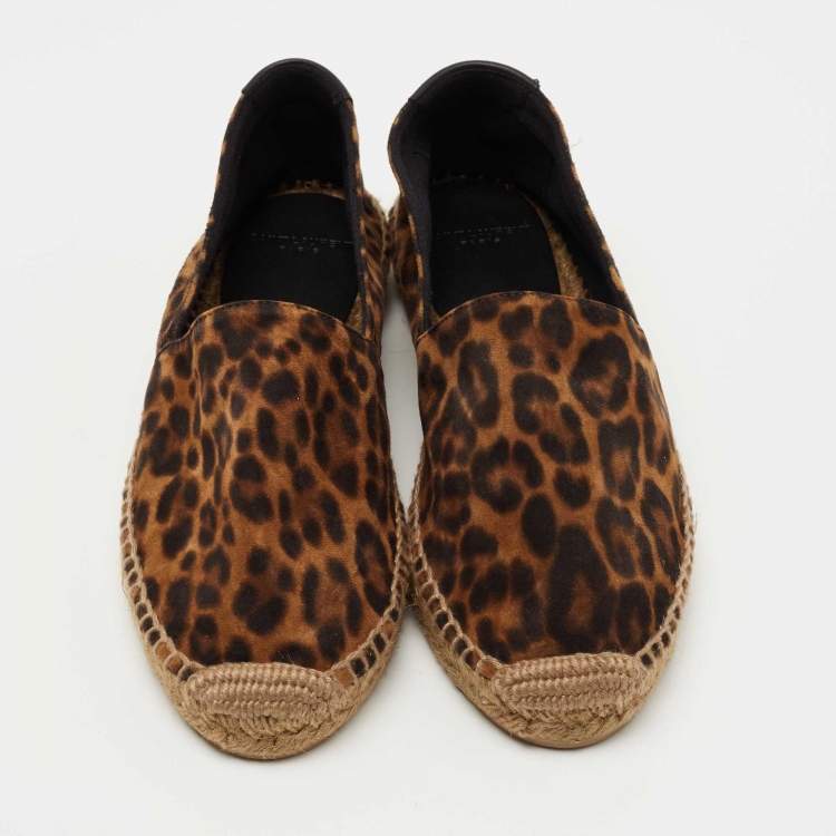 Pre Owned Saint Laurent Brown Suede Leopard Print Espadrille Flats Size 37.5