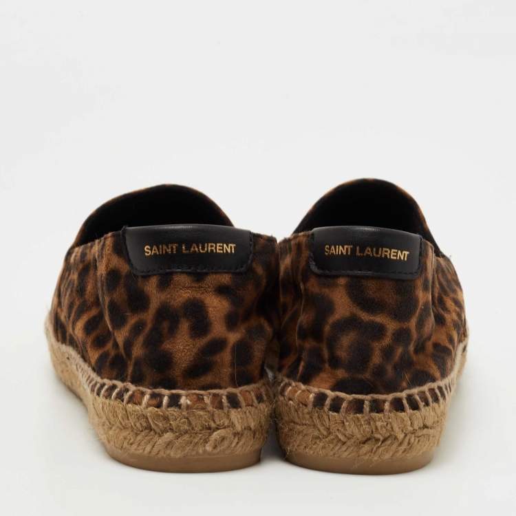 Pre Owned Saint Laurent Brown Suede Leopard Print Espadrille Flats Size 37.5