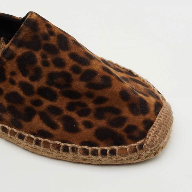 Pre Owned Saint Laurent Brown Suede Leopard Print Espadrille Flats Size 37.5