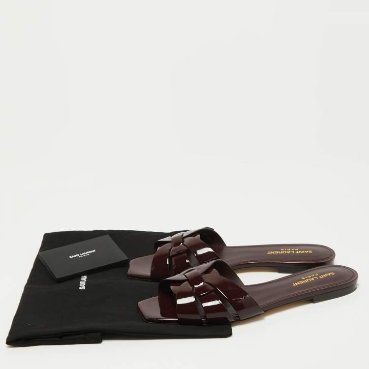 Pre Owned Saint Laurent Burgundy Patent Tribute Flat Slides Size 39