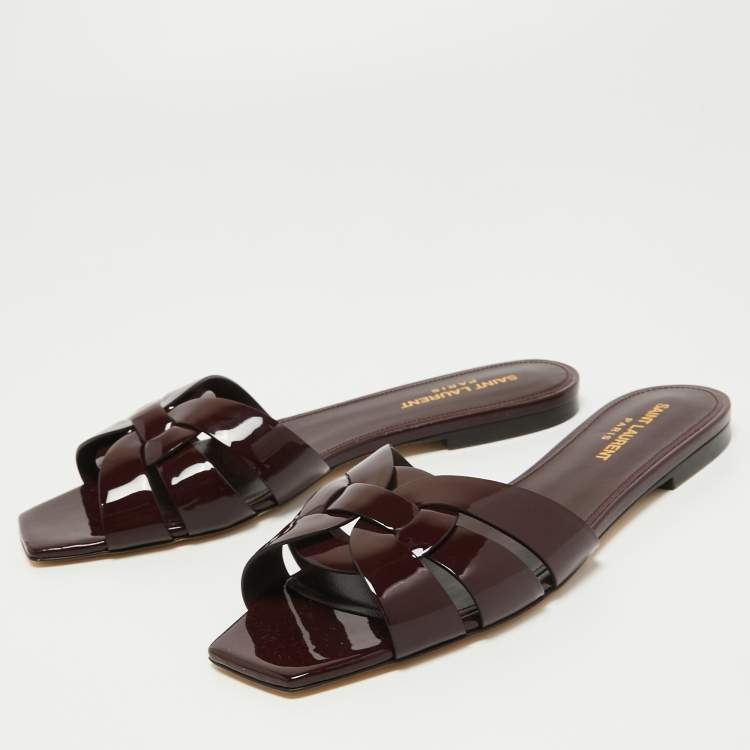 Pre Owned Saint Laurent Burgundy Patent Tribute Flat Slides Size 39