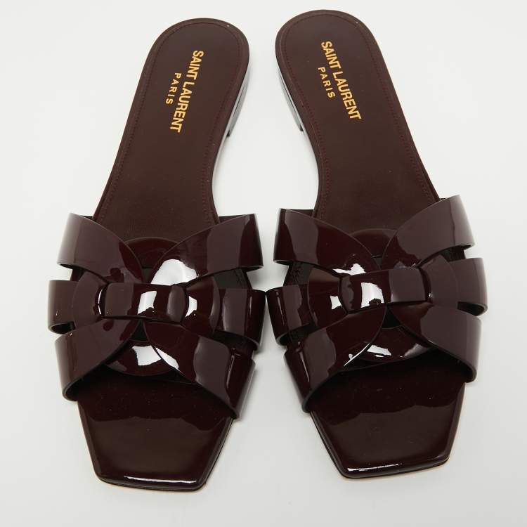 Pre Owned Saint Laurent Burgundy Patent Tribute Flat Slides Size 39