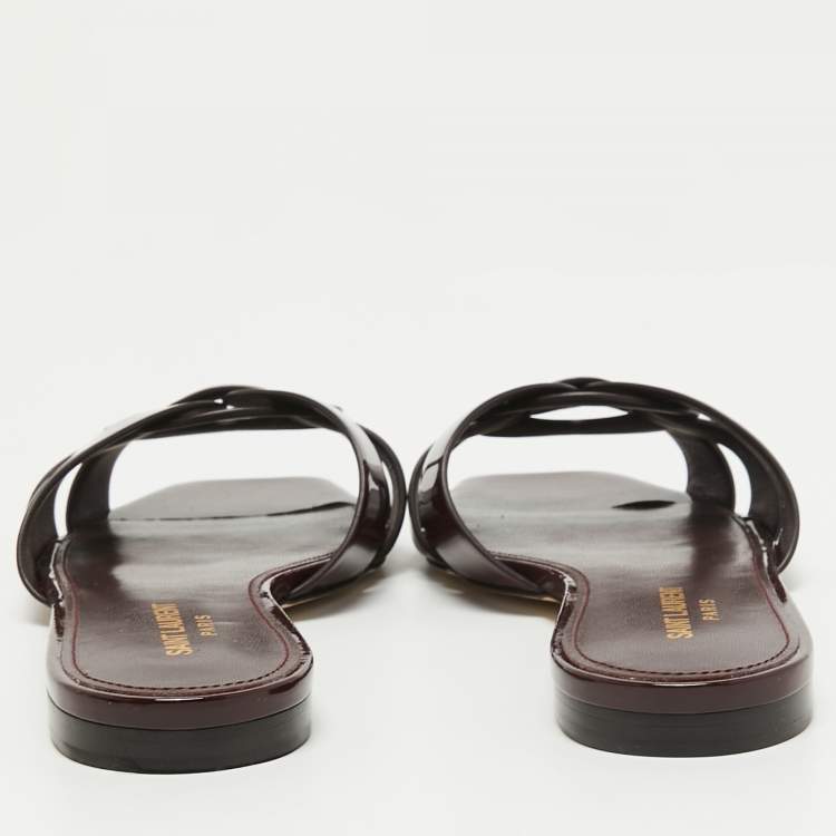 Pre Owned Saint Laurent Burgundy Patent Tribute Flat Slides Size 39