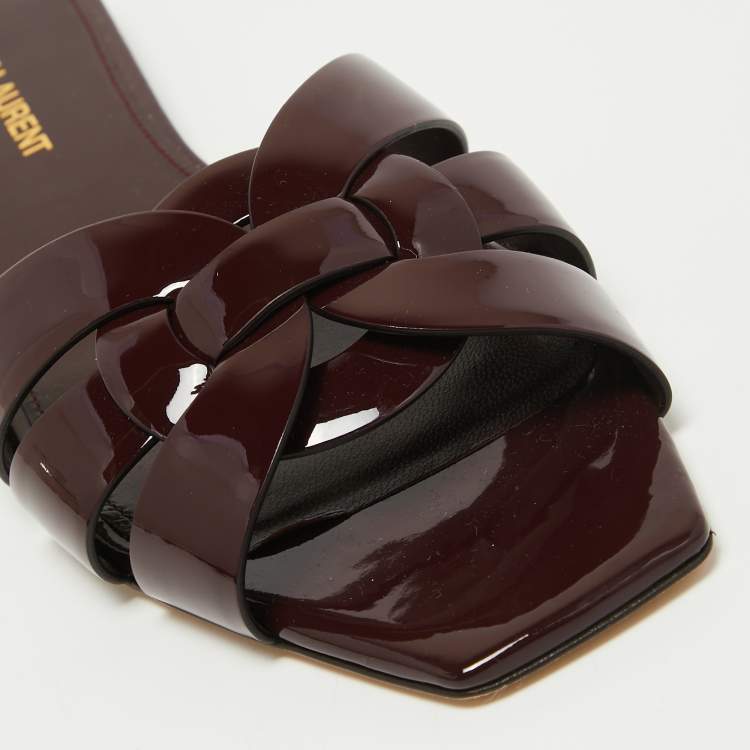 Pre Owned Saint Laurent Burgundy Patent Tribute Flat Slides Size 39