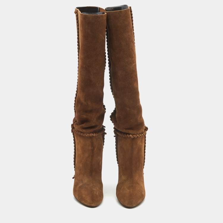 Pre Owned Saint Laurent Brown Suede Knee Length Boots Size 38
