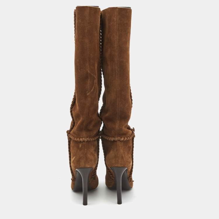 Pre Owned Saint Laurent Brown Suede Knee Length Boots Size 38