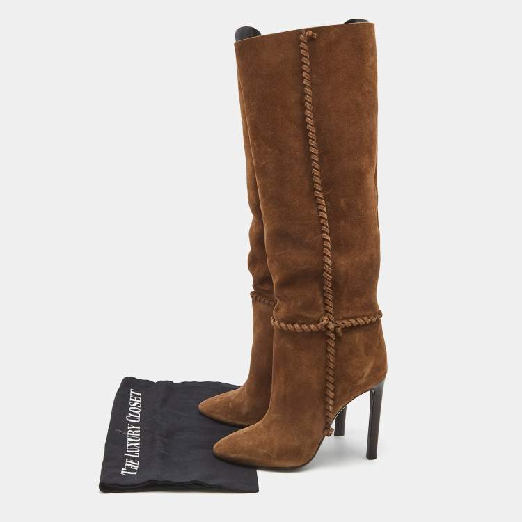 Pre Owned Saint Laurent Brown Suede Knee Length Boots Size 38