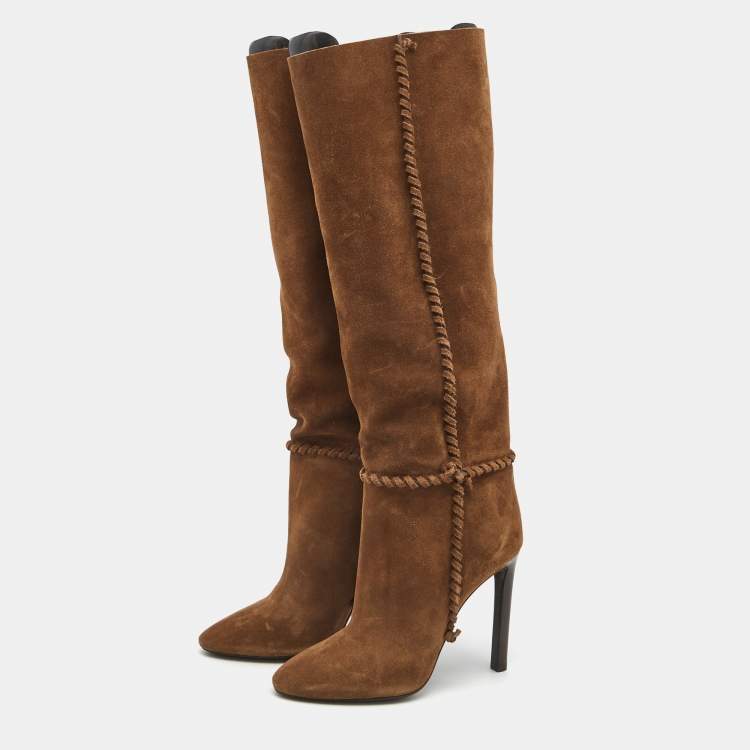 Pre Owned Saint Laurent Brown Suede Knee Length Boots Size 38