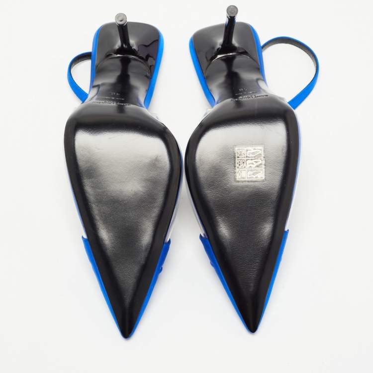 Pre Owned Saint Laurent Blue Satin and PVC Chica Slingback Pumps Size 40