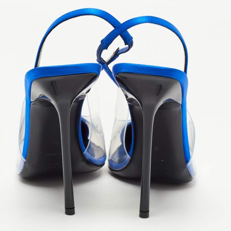 Pre Owned Saint Laurent Blue Satin and PVC Chica Slingback Pumps Size 40