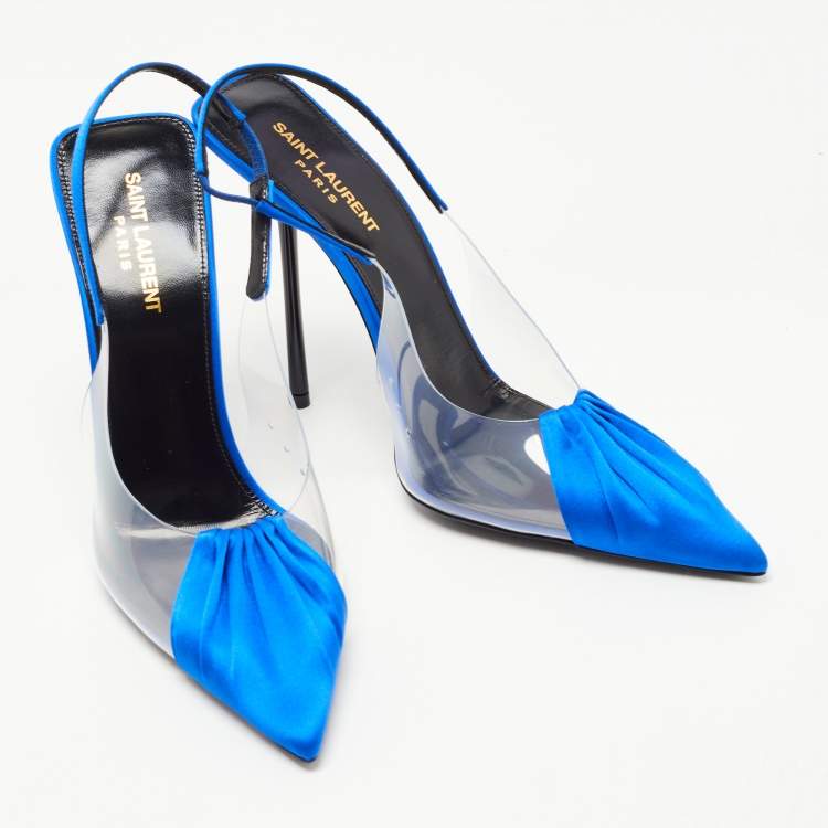 Pre Owned Saint Laurent Blue Satin and PVC Chica Slingback Pumps Size 40