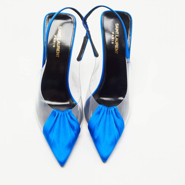 Pre Owned Saint Laurent Blue Satin and PVC Chica Slingback Pumps Size 40