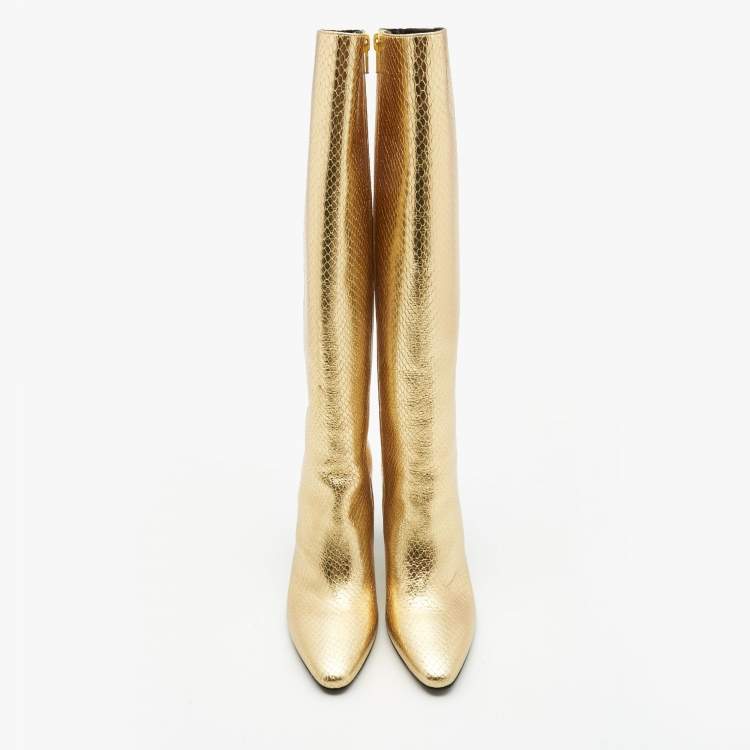 Pre Owned Saint Laurent Gold Python Embossed leather Knee Length Boots Size 37