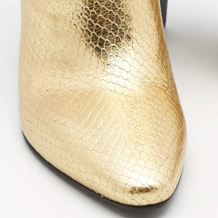 Pre Owned Saint Laurent Gold Python Embossed leather Knee Length Boots Size 37