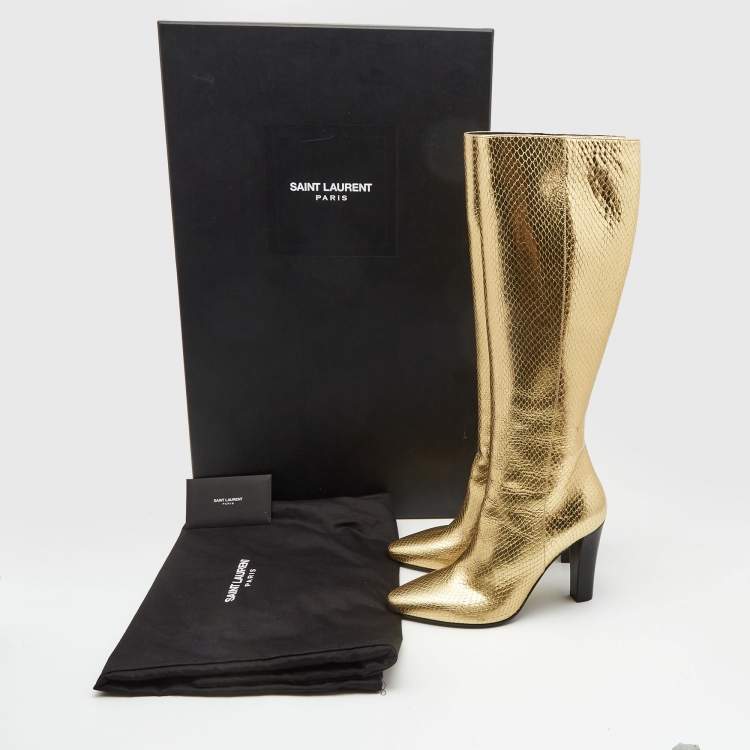 Pre Owned Saint Laurent Gold Python Embossed leather Knee Length Boots Size 37