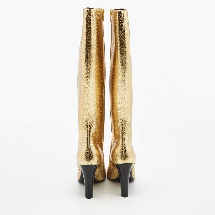 Pre Owned Saint Laurent Gold Python Embossed leather Knee Length Boots Size 37