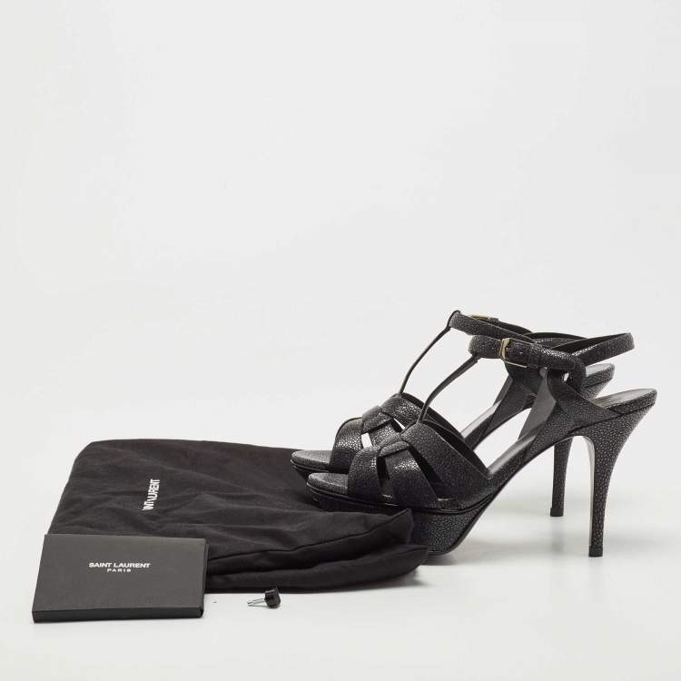 Pre Owned Saint Laurent Dark Grey Textured Leather Tribute Sandals Size 37