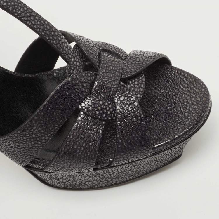 Pre Owned Saint Laurent Dark Grey Textured Leather Tribute Sandals Size 37