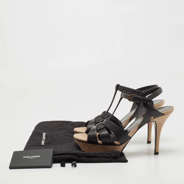 Pre Owned Saint Laurent  Black/Cream Leather And Raffia Tribute Sandals Size 37