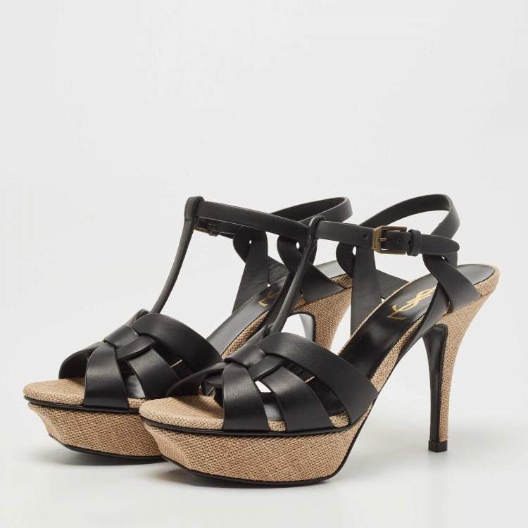 Pre Owned Saint Laurent  Black/Cream Leather And Raffia Tribute Sandals Size 37