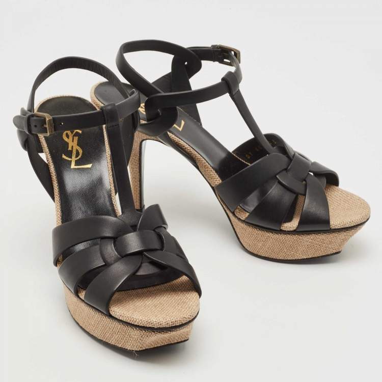 Pre Owned Saint Laurent  Black/Cream Leather And Raffia Tribute Sandals Size 37