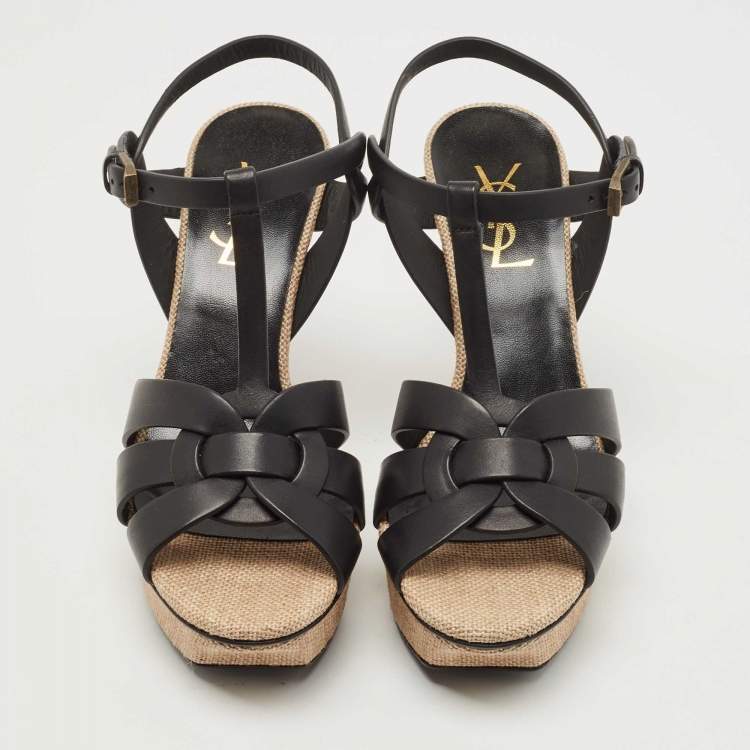 Pre Owned Saint Laurent  Black/Cream Leather And Raffia Tribute Sandals Size 37