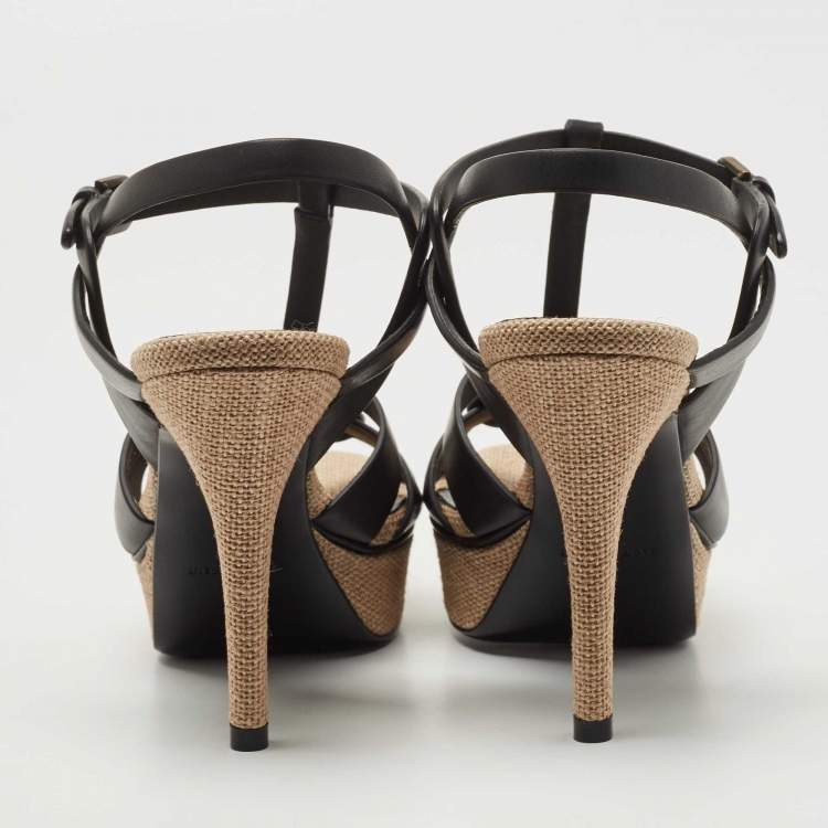 Pre Owned Saint Laurent  Black/Cream Leather And Raffia Tribute Sandals Size 37