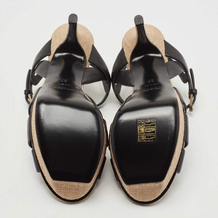 Pre Owned Saint Laurent  Black/Cream Leather And Raffia Tribute Sandals Size 37