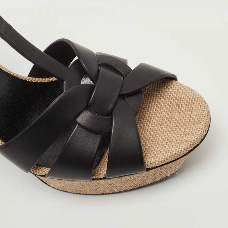 Pre Owned Saint Laurent  Black/Cream Leather And Raffia Tribute Sandals Size 37