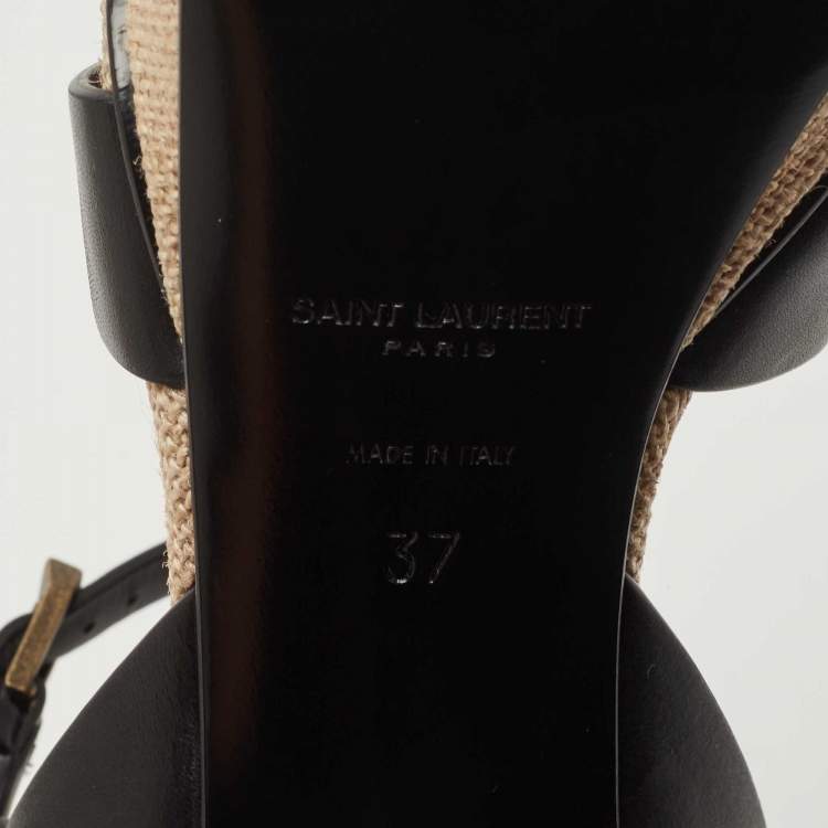Pre Owned Saint Laurent  Black/Cream Leather And Raffia Tribute Sandals Size 37