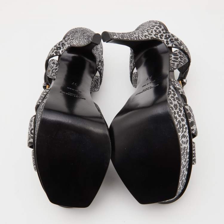 Pre Owned Saint Laurent Silver/Black Leopard Print Glitter Suede Tribute Sandals Size 37