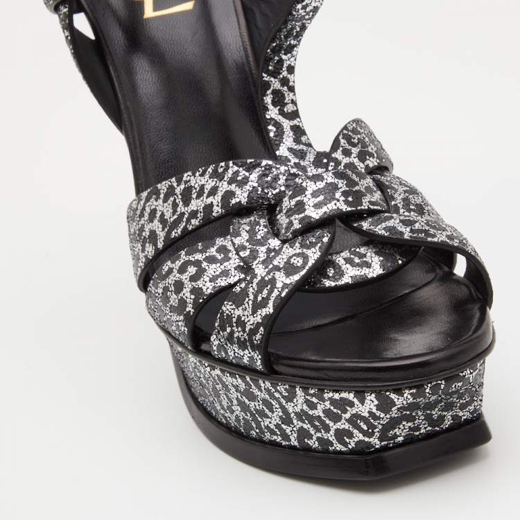 Pre Owned Saint Laurent Silver/Black Leopard Print Glitter Suede Tribute Sandals Size 37