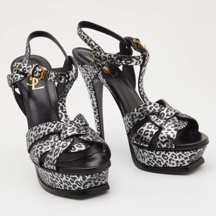Pre Owned Saint Laurent Silver/Black Leopard Print Glitter Suede Tribute Sandals Size 37