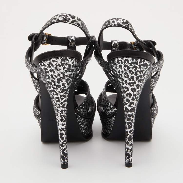 Pre Owned Saint Laurent Silver/Black Leopard Print Glitter Suede Tribute Sandals Size 37