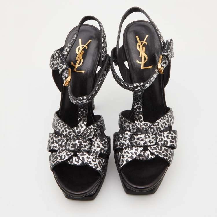 Pre Owned Saint Laurent Silver/Black Leopard Print Glitter Suede Tribute Sandals Size 37
