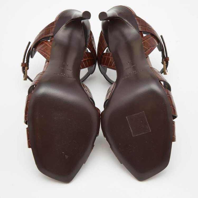 مملوكة مسبقًا Saint Laurent Brown Croc Embossed Leather Tribute Sandals Size 38
