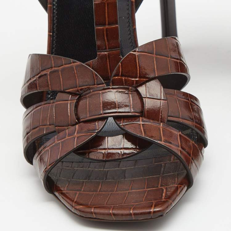 مملوكة مسبقًا Saint Laurent Brown Croc Embossed Leather Tribute Sandals Size 38