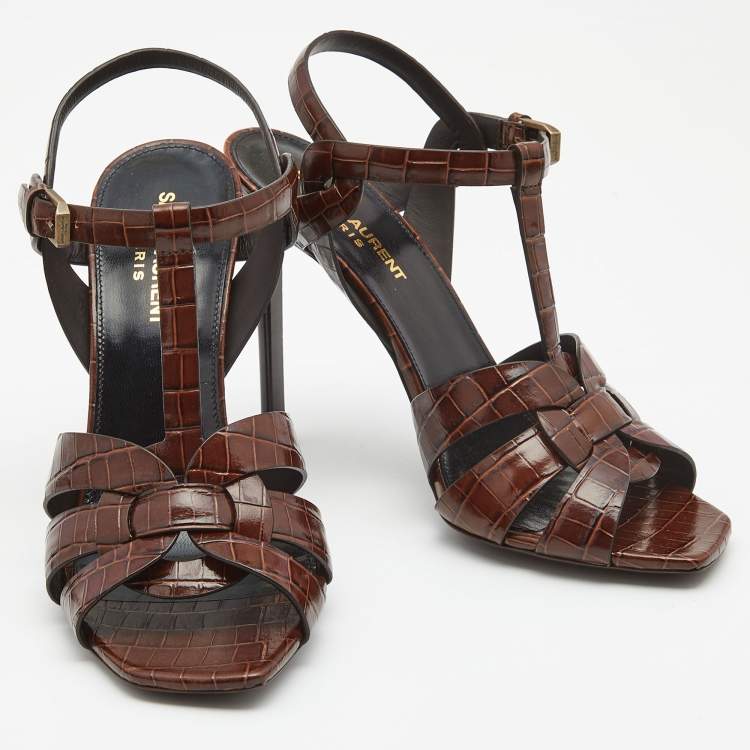 مملوكة مسبقًا Saint Laurent Brown Croc Embossed Leather Tribute Sandals Size 38