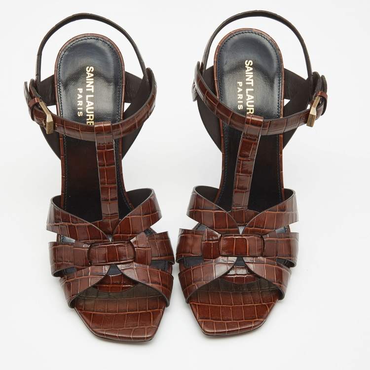 مملوكة مسبقًا Saint Laurent Brown Croc Embossed Leather Tribute Sandals Size 38