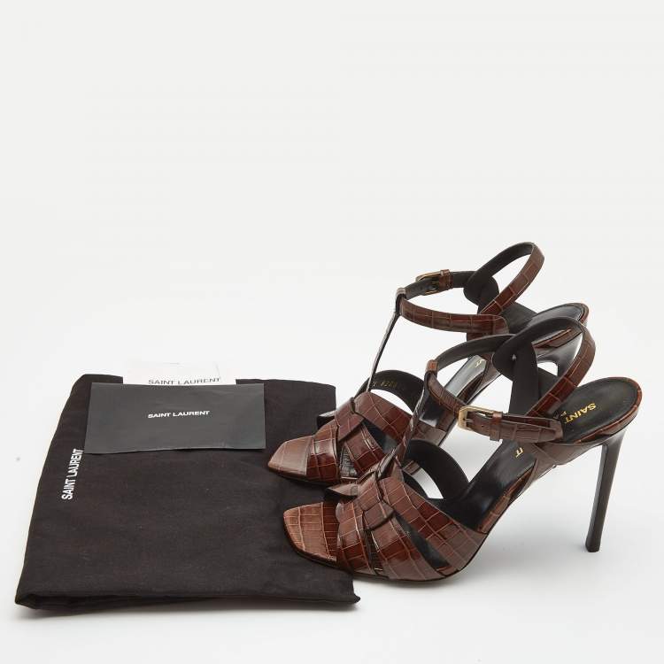 مملوكة مسبقًا Saint Laurent Brown Croc Embossed Leather Tribute Sandals Size 38