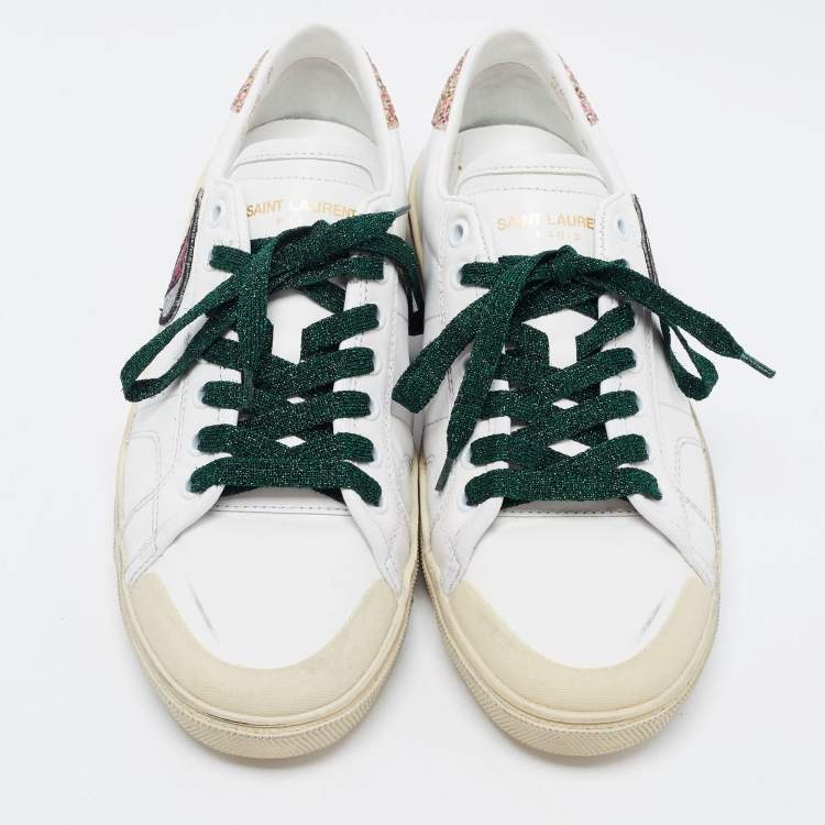 Pre Owned Saint Laurent White Leather Court Classic SL/37 Diamond Patch Sneakers Size 40