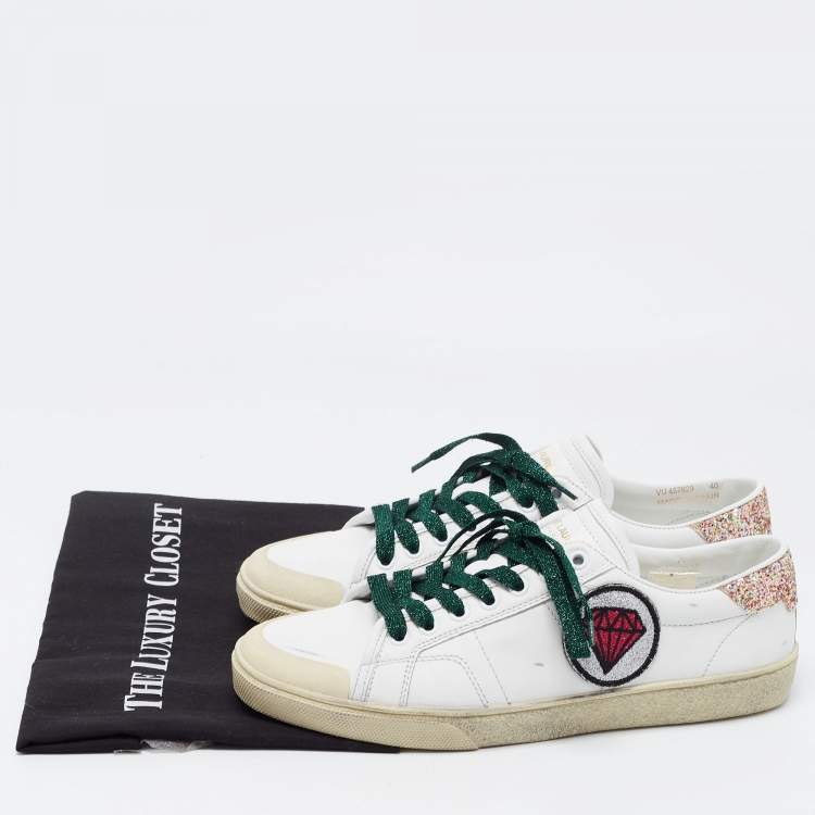 Pre Owned Saint Laurent White Leather Court Classic SL/37 Diamond Patch Sneakers Size 40