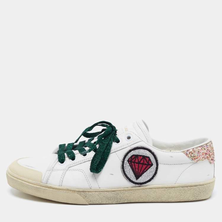 Pre Owned Saint Laurent White Leather Court Classic SL/37 Diamond Patch Sneakers Size 40
