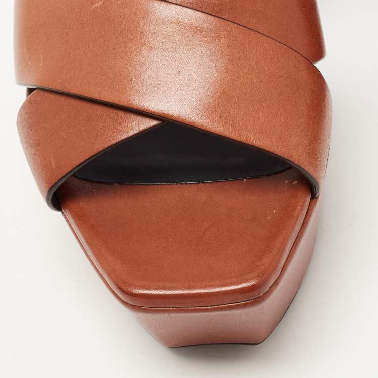 Pre Owned Saint Laurent Paris Brown Leather Farrah Criss- Cross Platform Ankle Strap Sandals Size 37