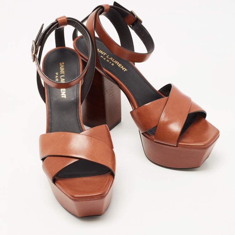 Pre Owned Saint Laurent Paris Brown Leather Farrah Criss- Cross Platform Ankle Strap Sandals Size 37